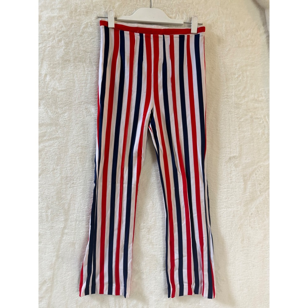 Vintage 70s Red White Blue Striped Pants M 12/14 Nylon Pull On Patriotic Mod